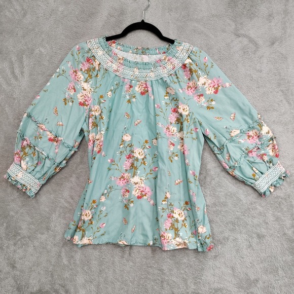 Spartina 449 Tops - Spartina 449 Top M Boho Floral Smocked Neck Blouson Tiered Sleeve Cottagecore